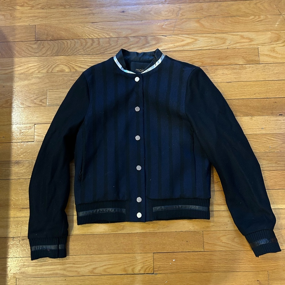 Maje Black and Blue Striped Bomber Jacket